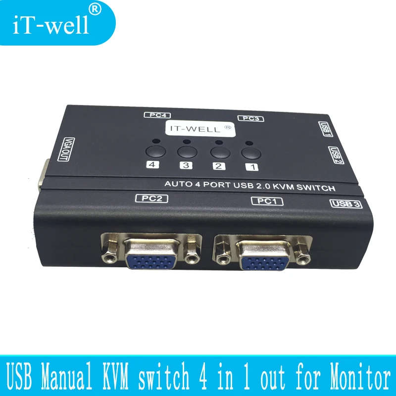 IT-well 4 порта KVM переключатель управления 4 ПК Хост 1 Набор USB клавиатура мышь и VGA монитор мульти ПК управление оригинальным кабелем