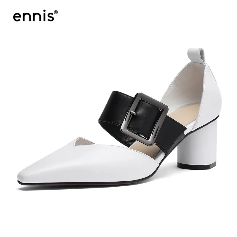 ENNIS/ женские туфли-лодочки; цвет черный, белый; туфли-лодочки из натуральной кожи с острым носком и ремешком с пряжкой; туфли на высоком каблуке; сезон весна; Новинка; P901 - Цвет: White