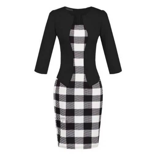 Женское элегантное платье карандаш с поясом в клетку|wear to work|bodycon dressbusiness dress |
