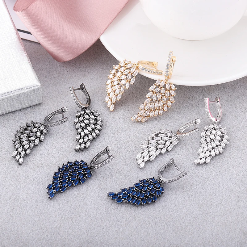YANMEI Luxury Crystal Feather Stud Earrings For Women Symmetry Elegant Earring Boucles D'oreilles YME8063 | Украшения и