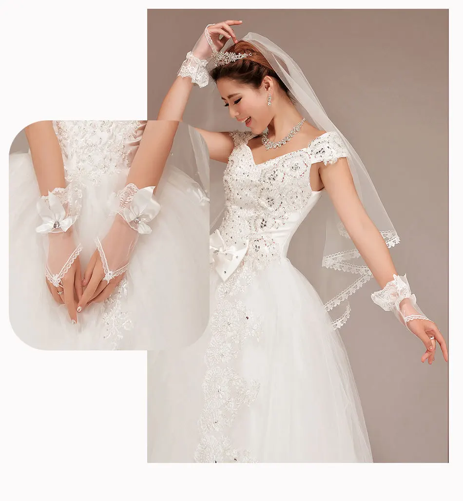 2016 Горячие Продажи Дешевле Невесты Свадебные Перчатки Кристалл Лук Тюль