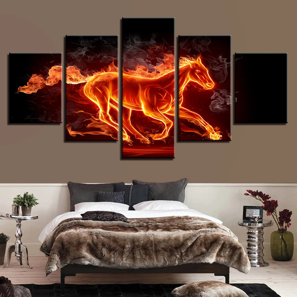 

Wall Art Canvas Painting Living Room Print 5 abstraction fire horse picture Home decoration Flaming animal poster