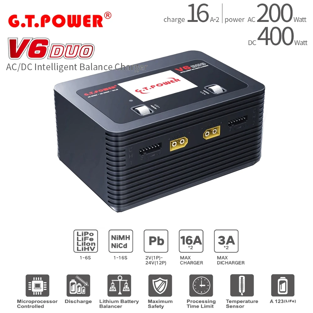 Зарядное устройство G.T.Power V6 DUO AC 200 Вт DC 400 Вт 2X1 6A зарядное устройство для 1-6S Lipo NiMH NiCd LiFe LiHV фотолодки хобби