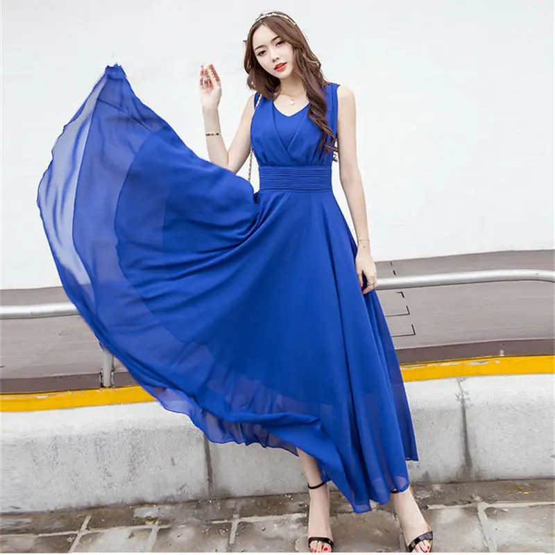 Royal blue Розовое женское платье Vestidos, повседневное шифоновое длинное платье макси, элегантное пляжное вечернее платье большого размера, белая женская одежда Boho Q1120 - Цвет: Royal blue