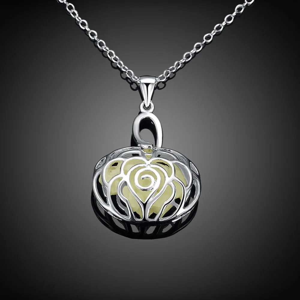 

Vintage Women Luminous Necklace Hollow Geometry Glow In The Dark Night 925 Sterling Silver Necklace Noctilucent Jewelry