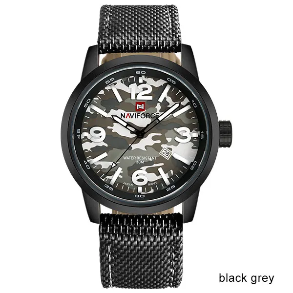 Black Grey NAVIFORCE Брендовые мужские военные спортивные часы, мужские армейские камуфляжные кварцевые часы, нейлоновые водонепроницаемые часы с календарем, мужские часы - Цвет: Black Grey
