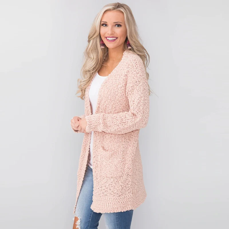 Розовый флисовый кардиган для женщин Осень Зима повседневные длинные Джемперы