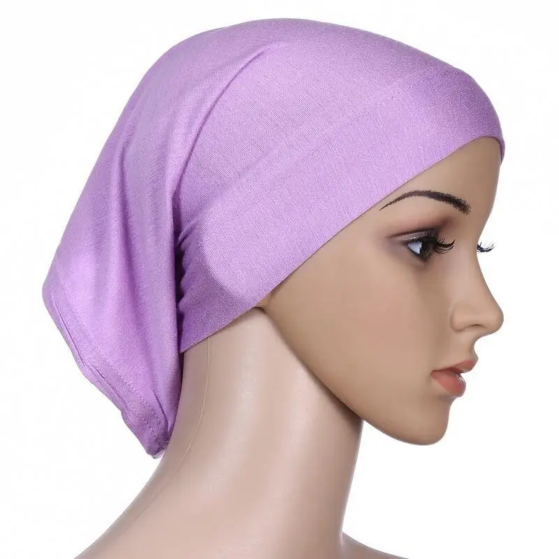 light purple Мусульманский женский платок на голову хлопок подшарф стрейч хиджаб покрывало головной платок подшарф шапка шаль исламский шарф внутренняя повязка на голову, берет - Цвет: light purple