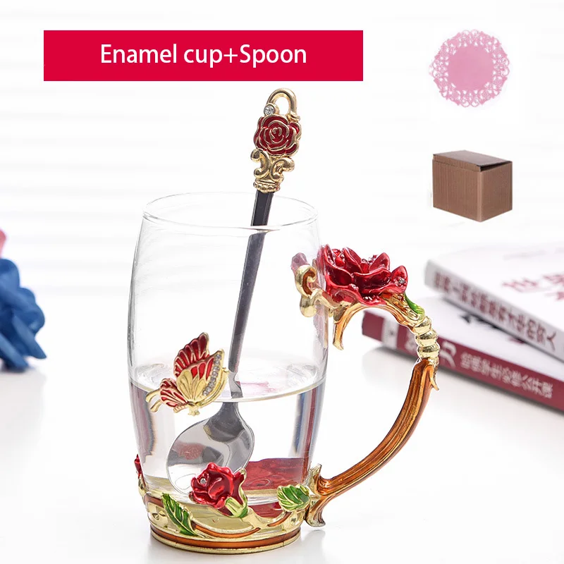 Red cup X Spoon2 Новинка, эмалированная кофейная чашка, кружка, цветочный чай, чашки для горячих и холодных напитков, стеклянная чайная чашка, Ароматизированная чайная Питьевая бутылка, стеклянные подарки - Цвет: Red cup X Spoon2