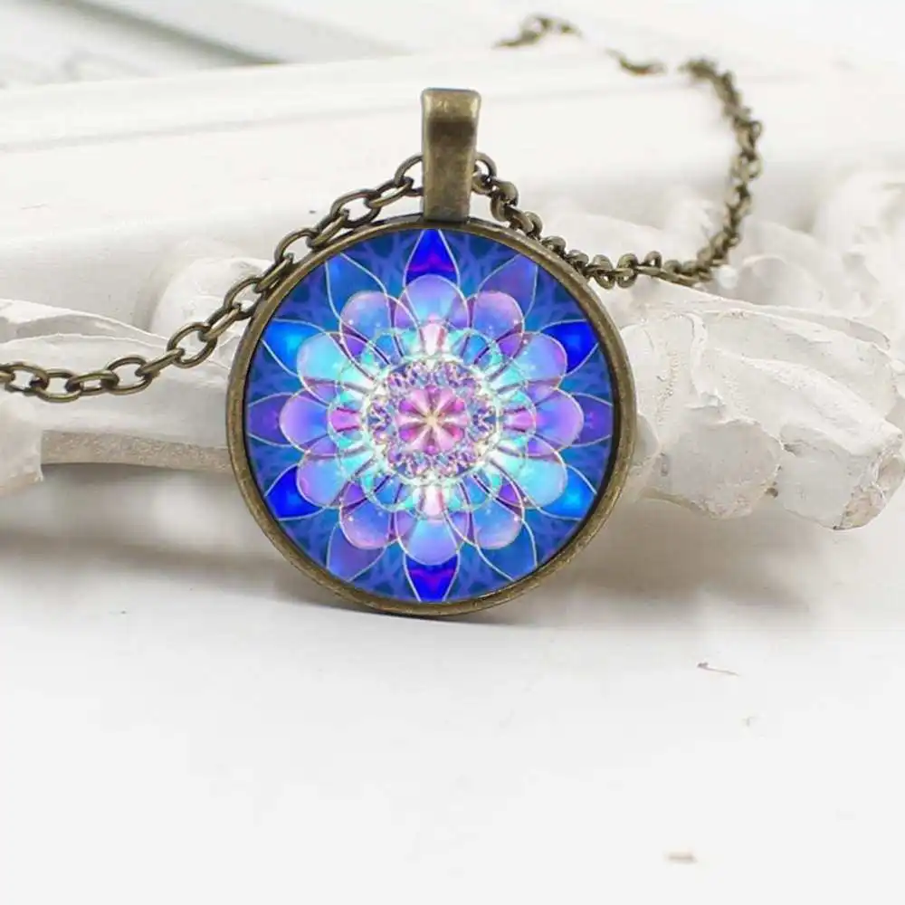 Винтажное ожерелье с синим изображением мандалы лотоса и кулоном хны для йоги