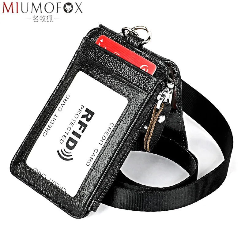 Genuine Leather Business ID/Badge Holder Case Lanyard Purse with Neck Strap Band Name Tag Id Card Lanyard Chest Card Work Pass