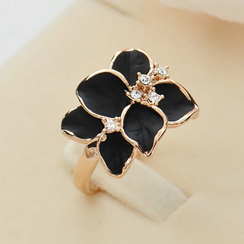 Hot Sale Rose Gold Color Delicate Crystal Black Enamel Flower Female Ring Elegant Charm Quality Wedding Jewelry Accessories | Украшения и