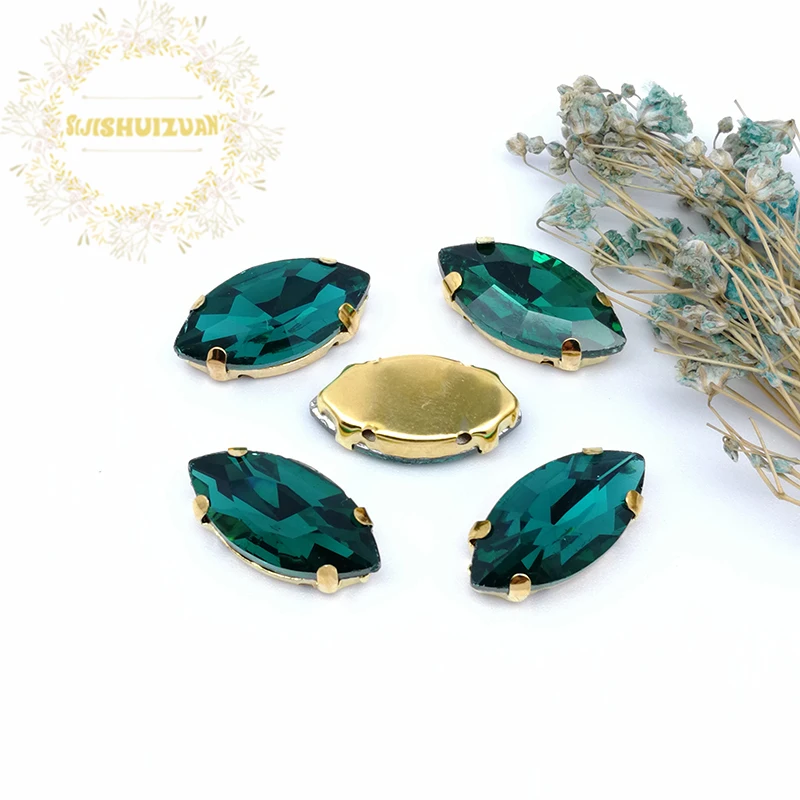 New product Horse eye Malachite green Crystal Glass Sewing Rhinestones with gold Claw DIY Wedding Dresses | Дом и сад