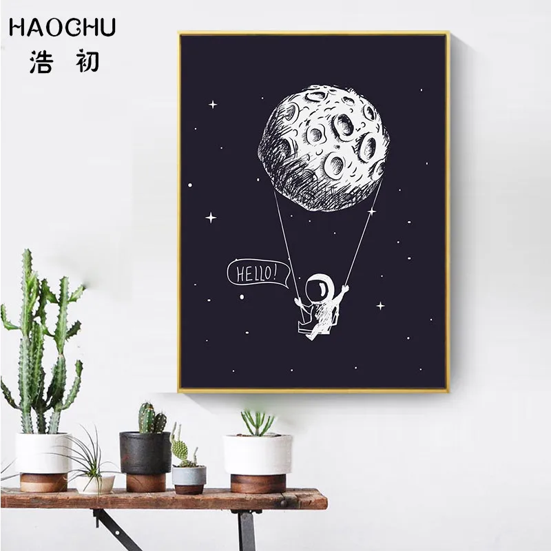 HAOCHU космическая сцена Луна печать рисунка картина на черном холсте для мальчиков