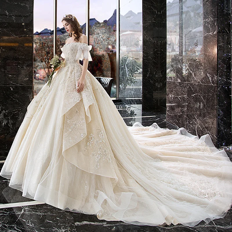 Vestido de Noiva 2020 Принцесса Свадебные платья с открытыми плечами Аппликация Кружева