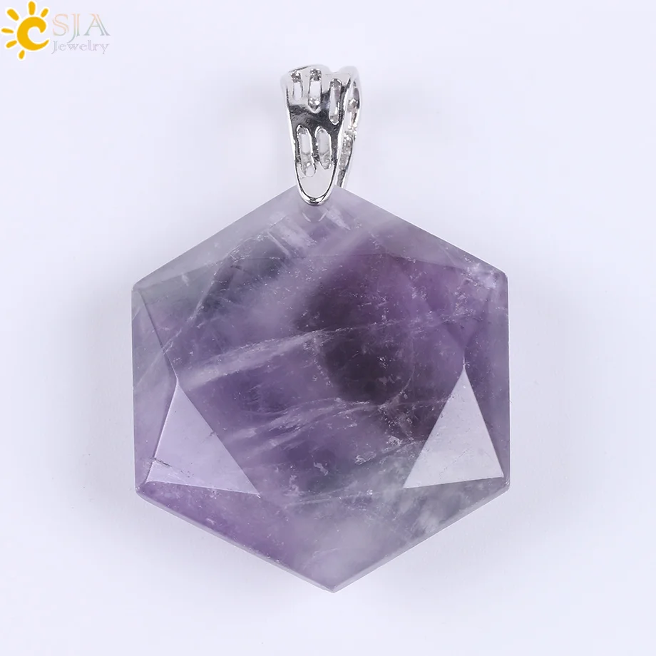 Amethyst CSJA Ограненный гексагональный натуральный драгоценный камень ожерелья и подвески опал лазурит розовый с кварцевым тигровым глазом чакра рейки ювелирные изделия E643 - Окраска металла: Amethyst