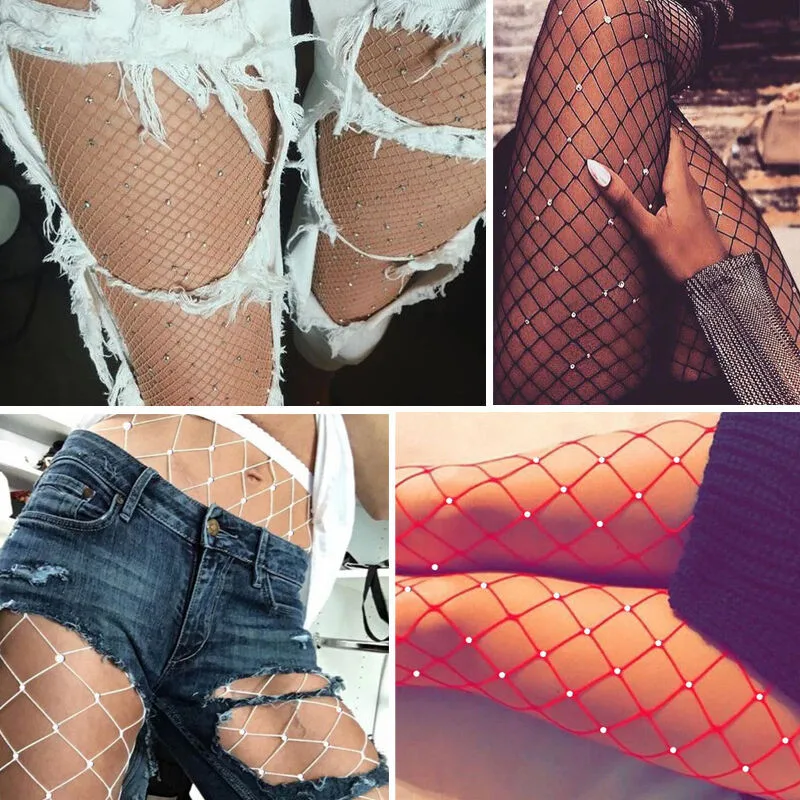 Сексуальные женские ажурные эластичные чулки со стразами колготки в сеточку с
