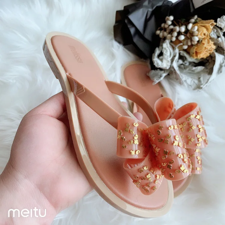 Melissa/женские сандалии на плоской подошве, тапочки с галстуком-бабочкой, сандалии на плоской подошве, летняя обувь с открытым носком, Женская пикантная пляжная обувь для вечерние, размер 35-39