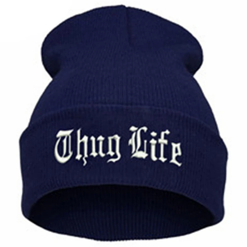 Черная шапка с надписью для мужчин THUG LIFE, шерстяные вязаные шапки, мужские и женские зимние шапочки с черепами, Женские повседневные Шапки, Шапки - Цвет: Navy