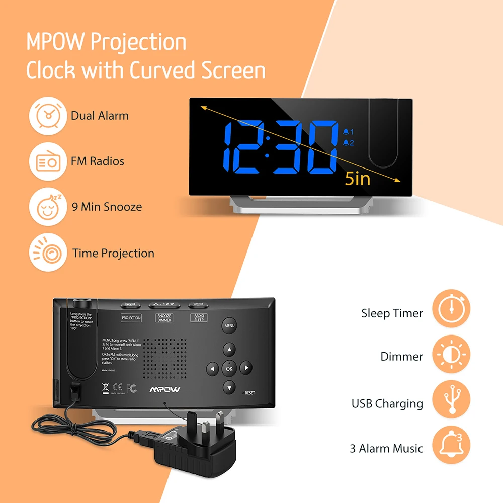 Mpow HM353 цифровой будильник с FM радио проекцией 5 ''светодиодный дисплей 9 мин