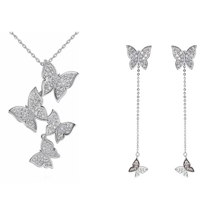 

MEYRROYU 925 Sterling Silver New Korean Style Long Tassel Butterfly Necklace Earrings Jewelry Set Ladies Couple Gifts Wholesale