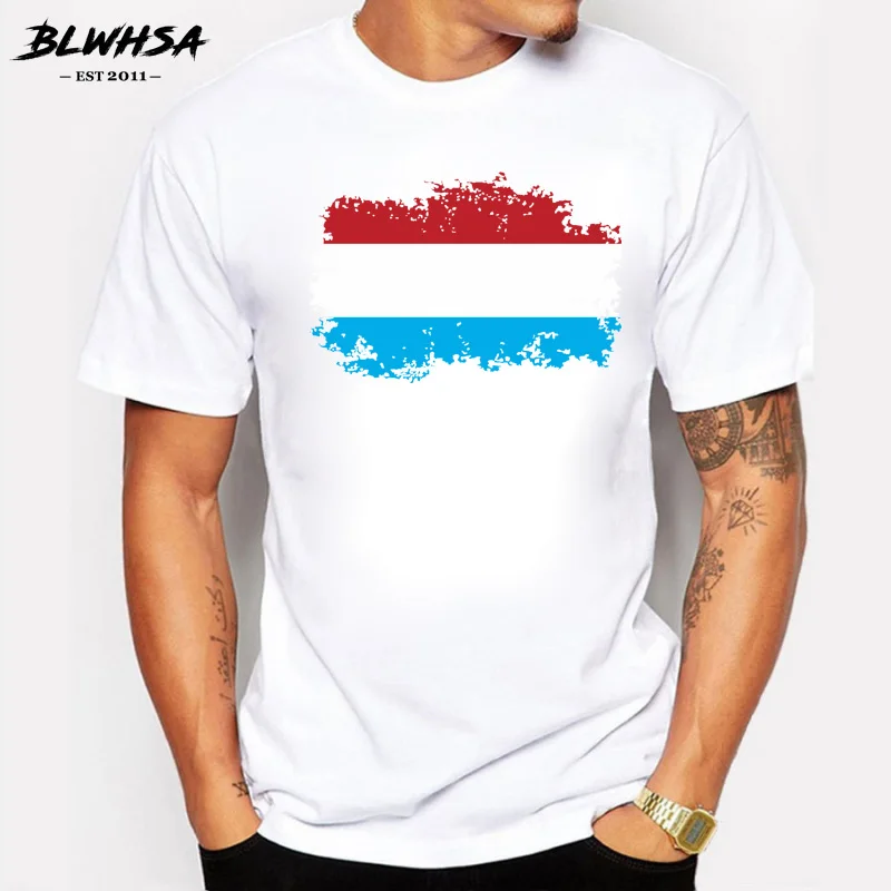 

BLWHSA Excellent Quality Cotton T-shirt Men Clothing Basic Luxembourg National Flag Printed Nostalgic Style T Shirt for Male