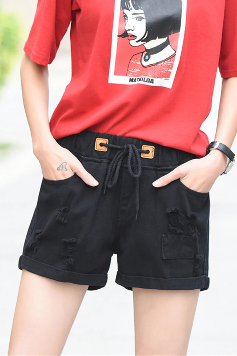 Шорты женские джинсовые эластичные с завышенной талией свободные дырками и