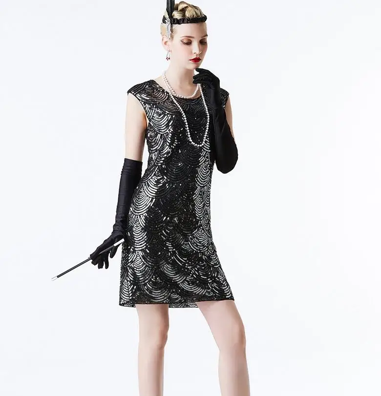 Black Silver Женские платья с блестками 1920 s с v-образным вырезом, Украшенные бусинами, с бахромой, платье черного цвета - Цвет: Black Silver