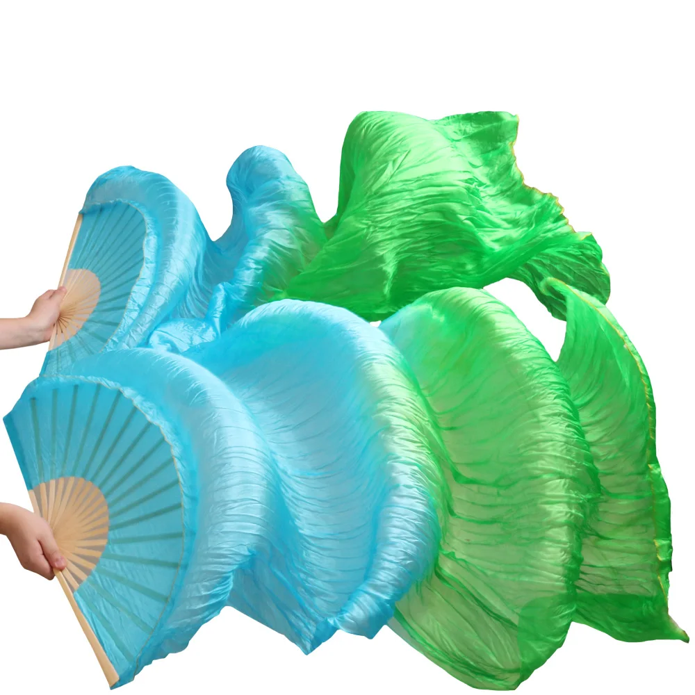 

New Arrivals 100% Silk Fans Handmade Dyed High Quality Silk Veils Dance Fans 1 Pair Belly Dancing Fans Turquoise+Green 5 Sizes