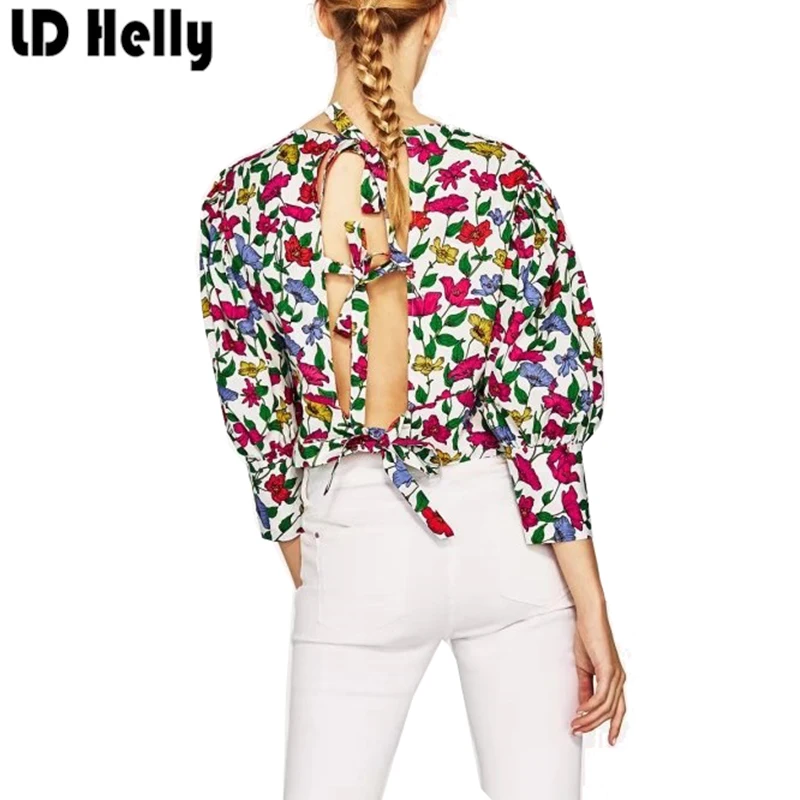 Женщины Цветочный Принт Короткий Блузки О-Образным Вырезом Puff Рукавом Горб из