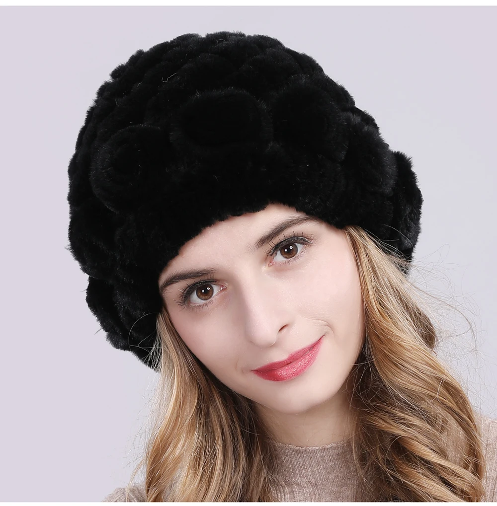 Новые зимние шапки из меха кролика рекс женский Настоящий мех кролика Цветочные шапочки вязаная шапка ручной работы натуральная шапка из меха кролика рекс