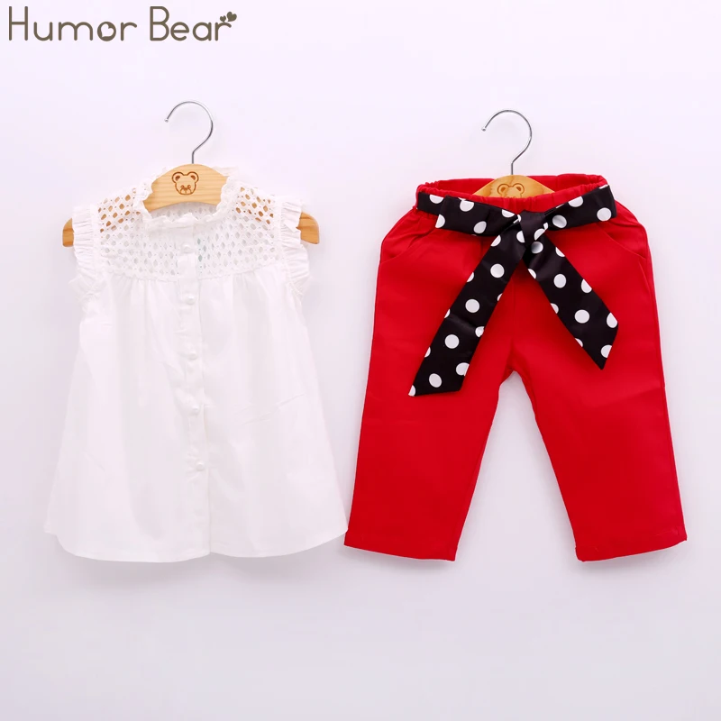 Humor Bear/Новая летняя одежда для детей модная одежда для девочек кружевные Белые блузы+ красный 7 Minutes Of Pants/Костюмы комплект Детские комплекты одежды