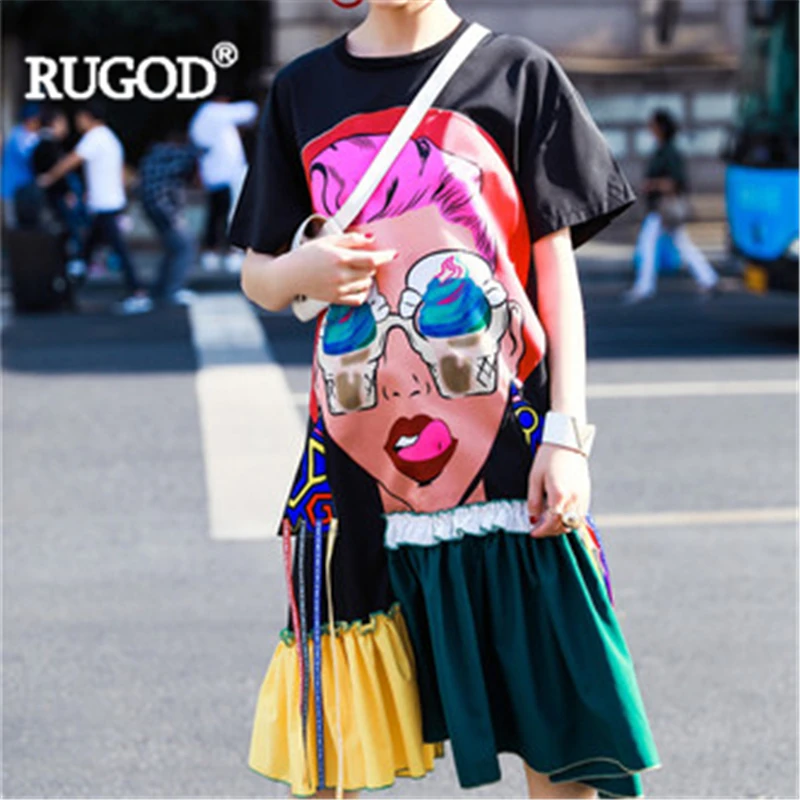 Женское платье с рюшами RUGOD летнее Свободное круглым вырезом коротким рукавом и