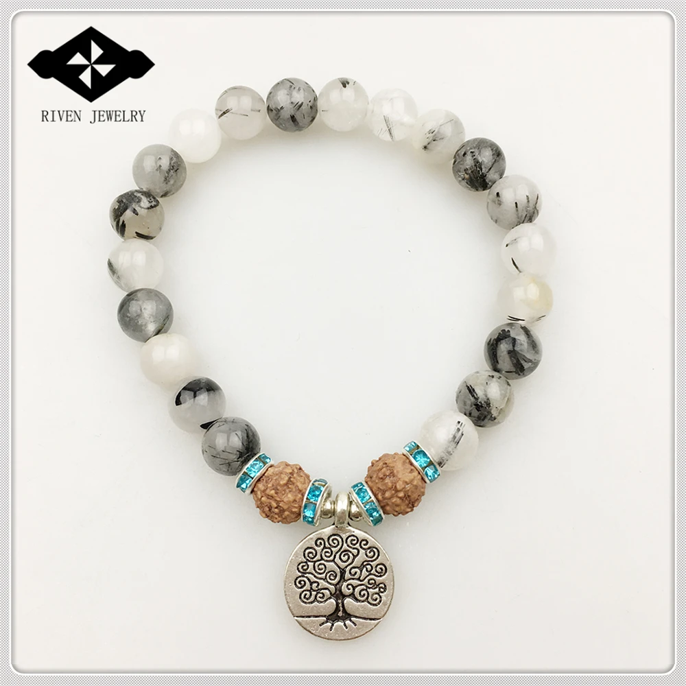 SN1175 браслет с изображением дерева жизни ручная работа черный рутилированный