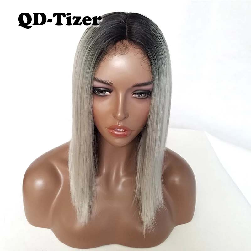 QD-Tizer синтетический парик фронта шнурка Омбре Черные Серые волосы термостойкие прямые волосы боб короткие парики естественная линия волос