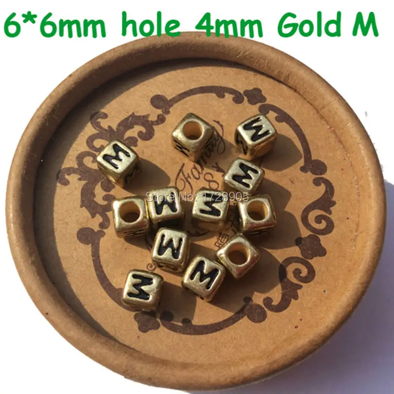 

2600pcs Alphabet Sqaure Cube Acrylic Single Letter M Beads Alphabet Beads Gold Letter Beads, 6mm, 4mm Hole