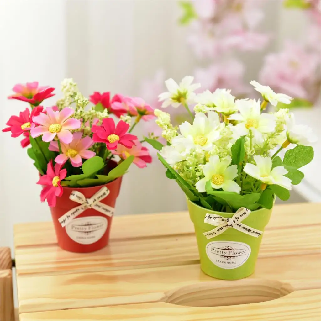 Искусственные цветы хризантемы с пластиковой вазой мини бонсай Свадебные