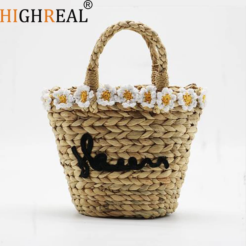 

Flower Embroidery Bohemian Straw Bags for Women Kids Small Beach Handbags Summer Vintage Rattan Handmade Kintted Crossbody Bag