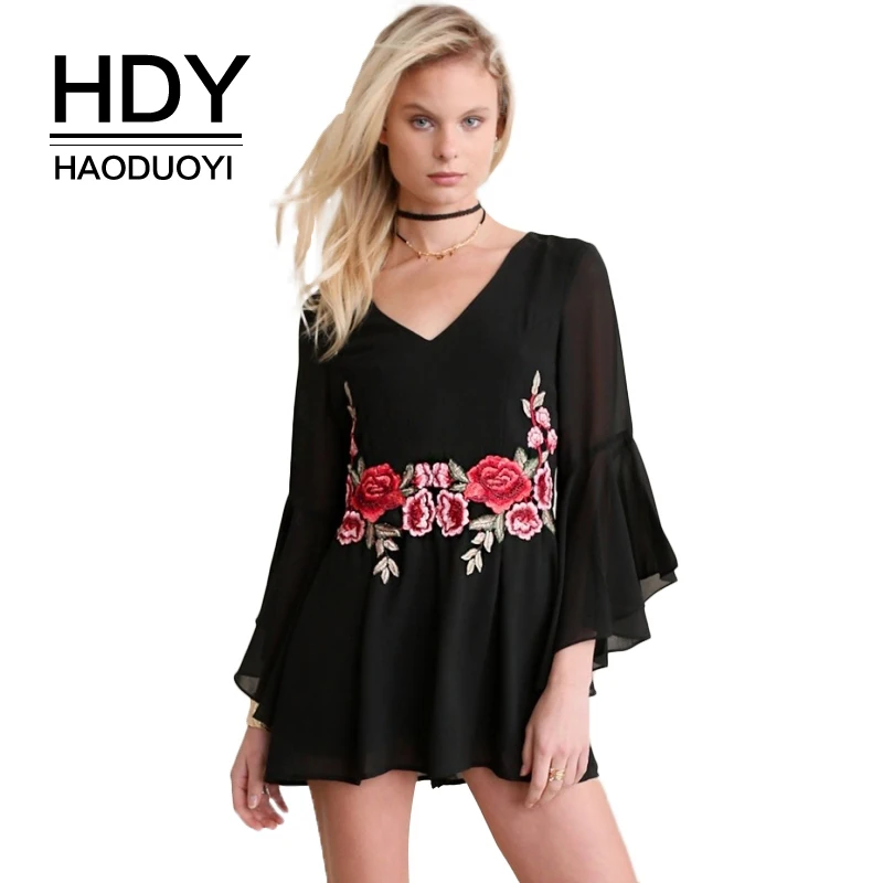 HDY Haoduoyi Брендовые женские черные цветочные комбинезоны с вышивкой сетчатые