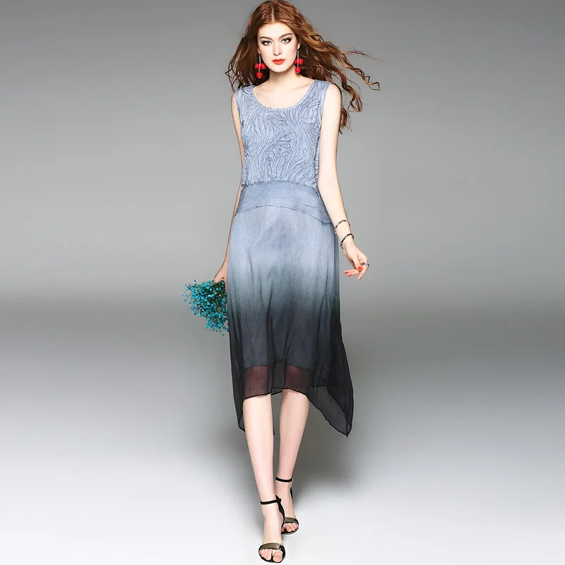 Платье из 100% шелка высокого качества с градиентной аппликацией без рукавов