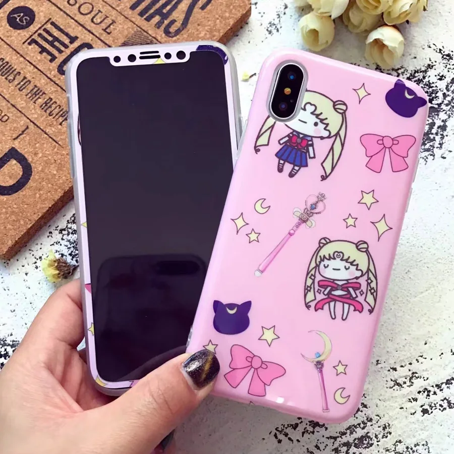 For iPhone X Cute Sailor Moon phone Cases Cover + Tempered Glass Screen film for 5.8inch Cartoon pink case |