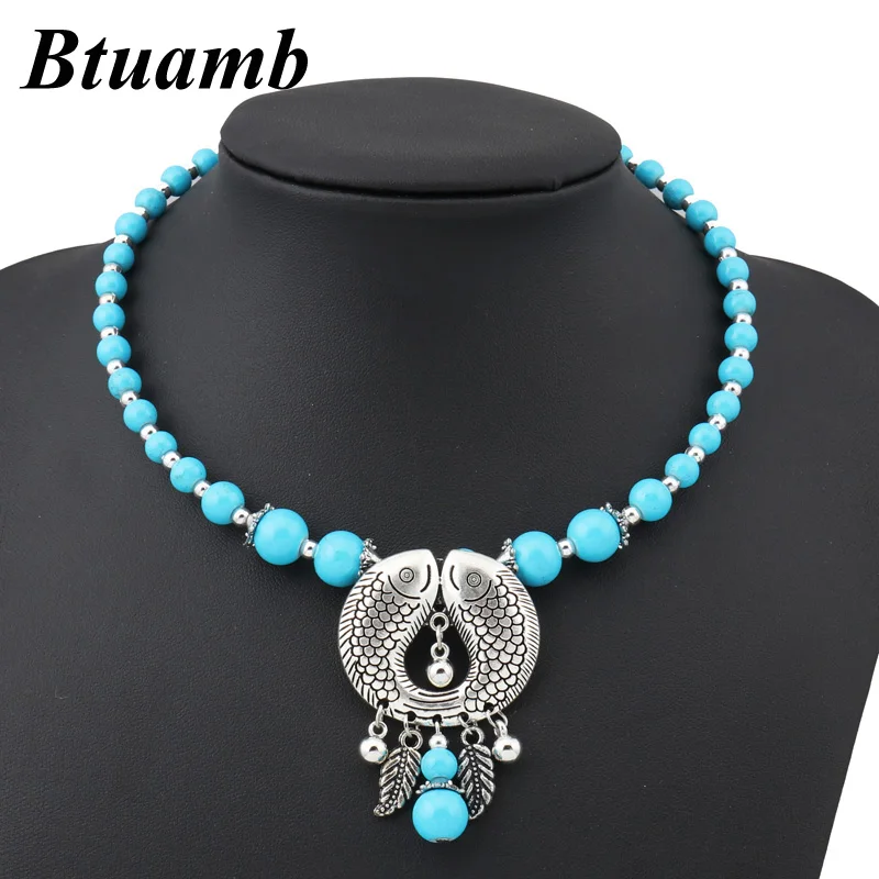 Btuamb Bohemian Natural Stone Beads Leaves Tassel Necklaces for Women Jewelry Vintage Double Fish Bib Bar Chain Bijoux | Украшения и