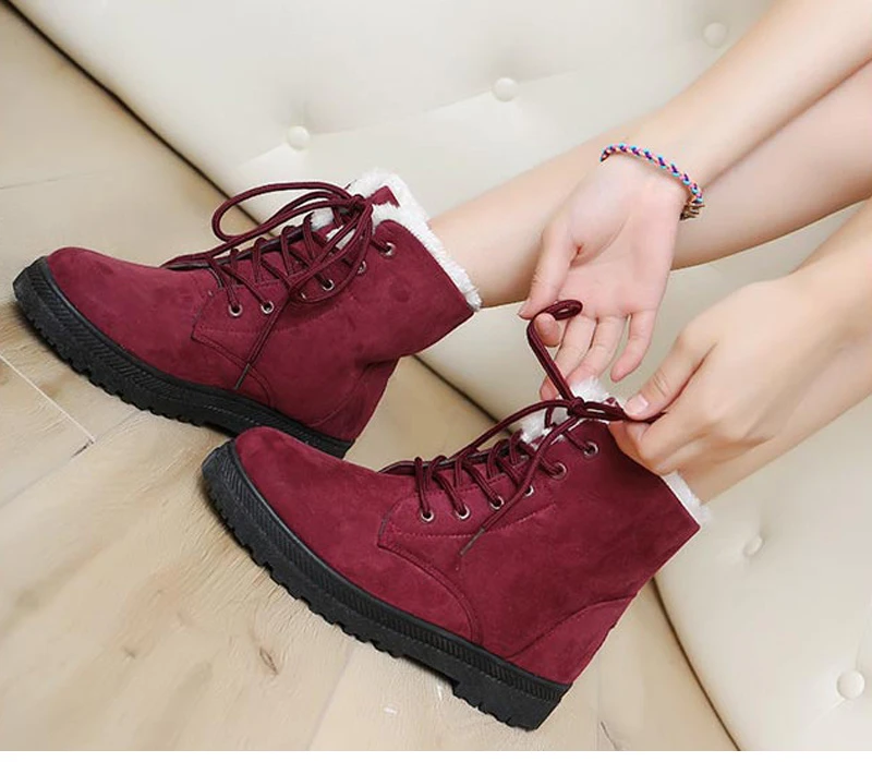 VTOTA Women Snow Boots Warm Winter Boots Botas Mujer Flat Lace Up Fur Ankle Boots Platform Ladies Winter Shoes Black H189