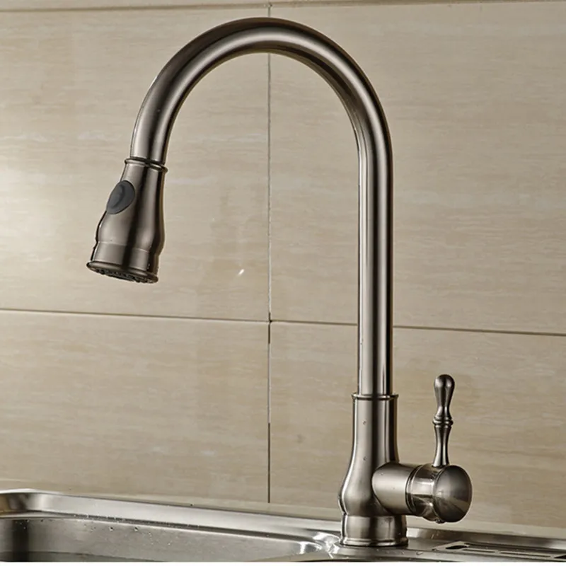 brushed nickel LIUYUE, кухонные смесители, хром, латунь, классический кухонный кран, выдвижная кнопка, флеш, два режима выхода, холодная, горячая вода, раковина, смеситель - Цвет: brushed nickel