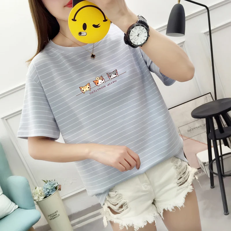 

Summer Women's Sweet Kawaii Cartoon Cat Print T-Shirt Femme Casual Cotton Girl Stripe Short Sleeve Tee Shirt 2 Color Top Female