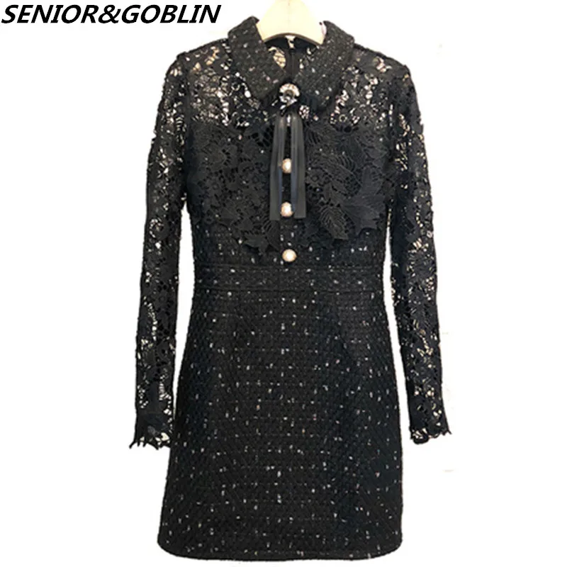 Женское твидовое кружевное платье черное лоскутное вечернее мини с бантом и