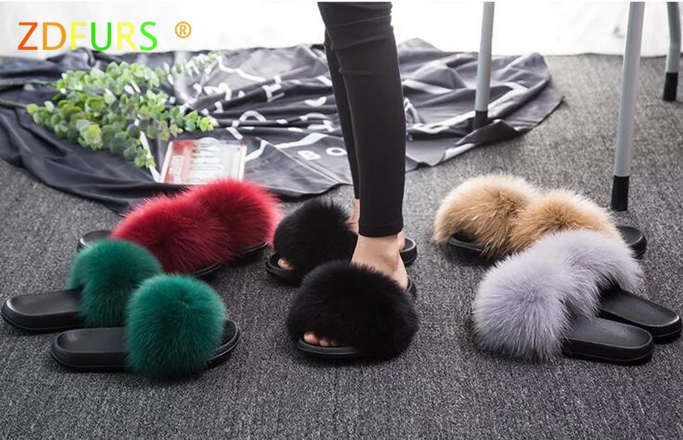 ZDFURS/; модные шлепанцы с лисьим мехом; шлепанцы без задника с натуральным мехом; Летние вьетнамки; повседневные Модные босоножки с лисьим мехом; модная плюшевая обувь;