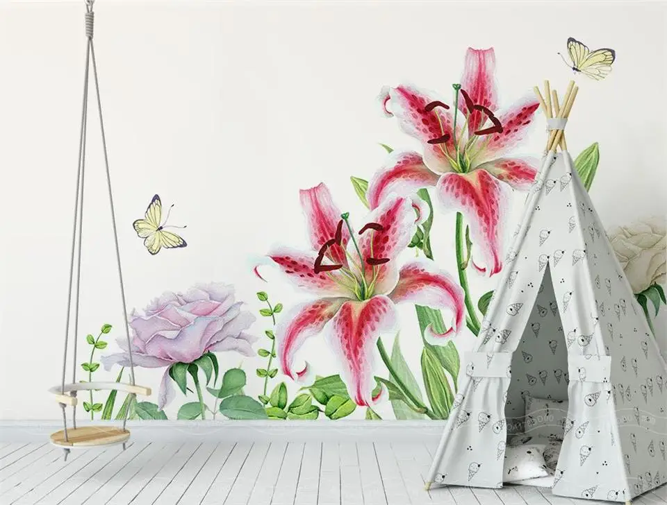 3d wallpaper photo custom kids room mural watercolor lily and rose painting sofa TV background for wall | Обустройство дома