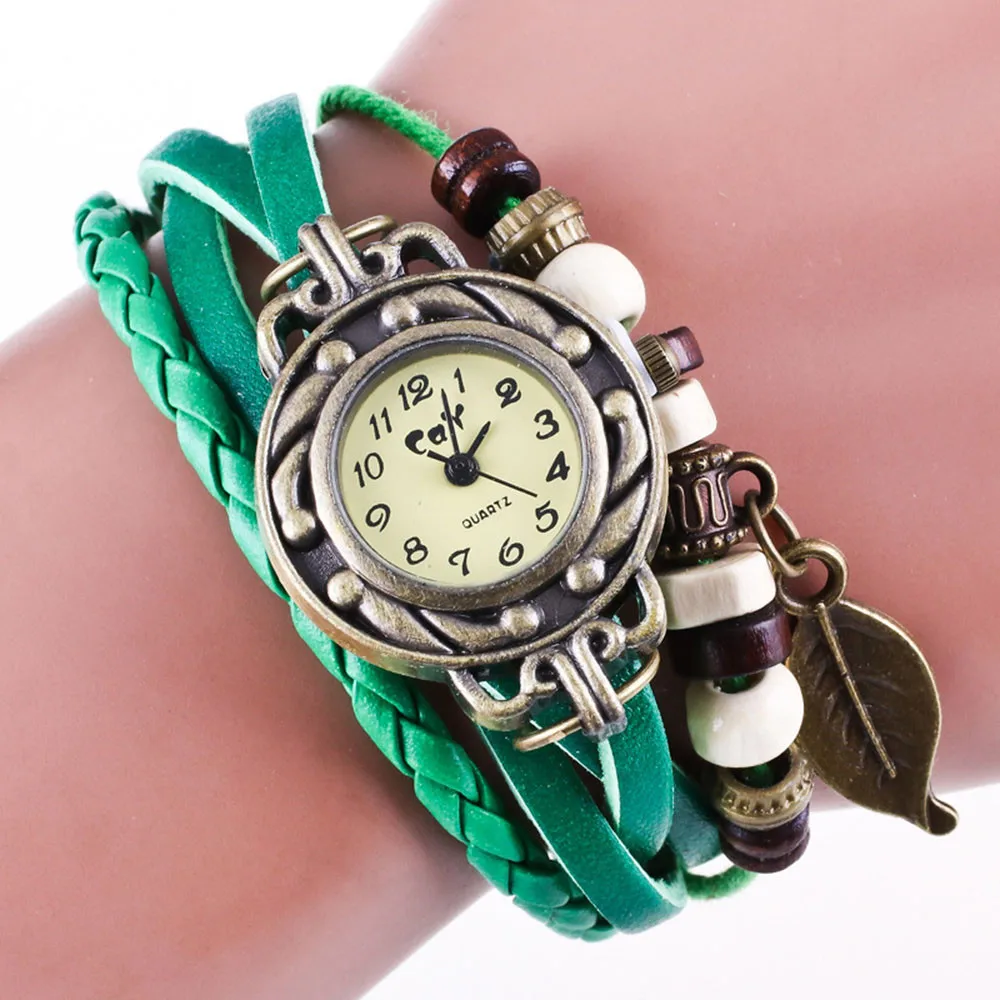

Relogio Masculino Brown Retro Weave Wrap Lady Bead Leaf Dangle Bracelet Bangle Quartz Wrist Watch
