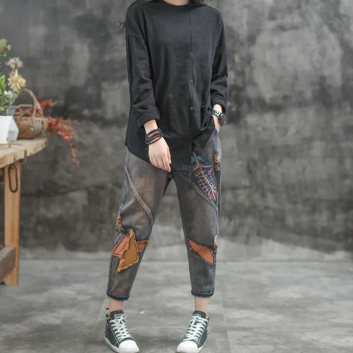 2018 винтажные джинсы женские Весна Осень Лоскутная Вышивка эластичный пояс